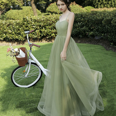 Green tulle long prom dress a line evening dress