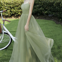 Green Tulle Long Prom Dress A Line Evening Dress - Thumbnail 3