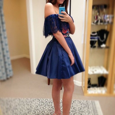 Sp2150,cute navy blue homecoming dresses,off the shoulder embroidery short prom dress,two pieces homecoming dresses,dark blue graduation dress