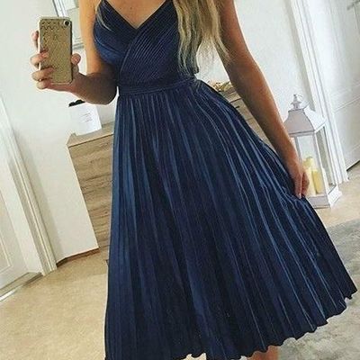 Sp2151,dark blue pleated midi dresses,tea length spaghetti straps homecoming dresses