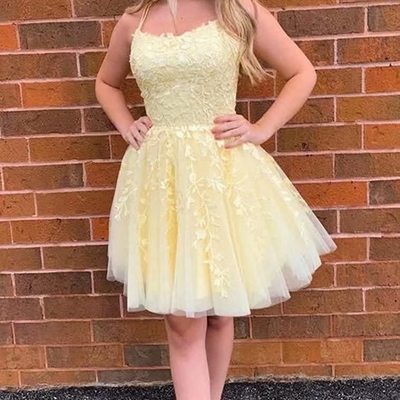 Sp2157,pastel yellow tulle homecoming dresses,applique lace hoco dress