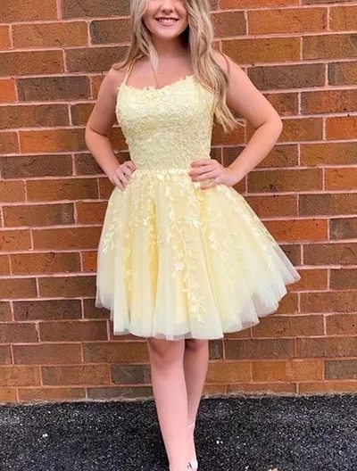 SP2157,Pastel yellow tulle homecoming dresses,applique lace hoco dress