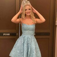 SP2158,Light blue homecoming dresses,spaghetti straps mini prom dresses,applique a-line back to school dress - Thumbnail 1