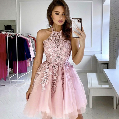 Sp2159,pink halter applique tulle homecoming dresses,sleeveless pink evening dress