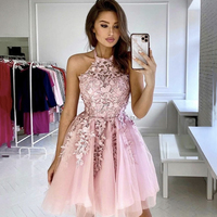 SP2159,Pink halter applique tulle homecoming dresses,sleeveless pink evening dress - Thumbnail 1