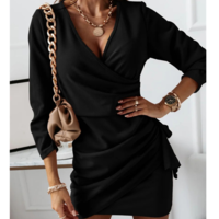 Temperament And Casual Solid Color V-Neck Long-Sleeved Fashion Dress - Thumbnail 4