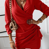 Temperament And Casual Solid Color V-Neck Long-Sleeved Fashion Dress - Thumbnail 2