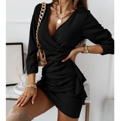 Temperament and casual solid color v-neck long-sleeved fashion dress