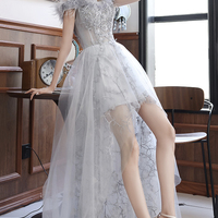 Gray tulle lace high low prom dress evening dress - Thumbnail 8