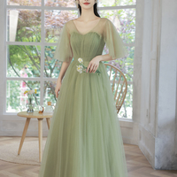 Green tulle long prom dress Simple evening dress - Thumbnail 2