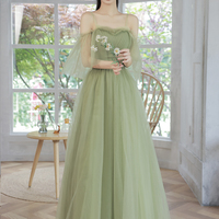 Green tulle long prom dress Simple evening dress - Thumbnail 6