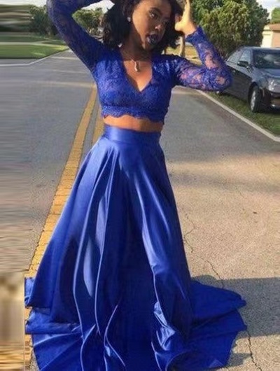 Two Piece Prom Dresses V Neck Royal Blue