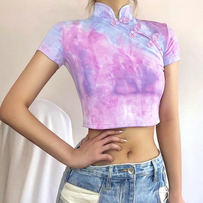 Pastel color gradient chinese frog crop top