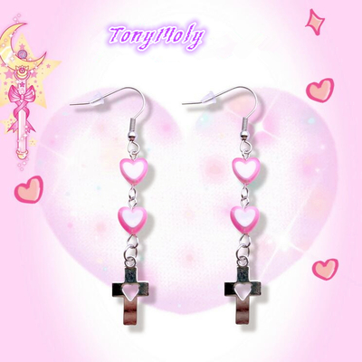 Y2k pink heart hollow out cross earrings