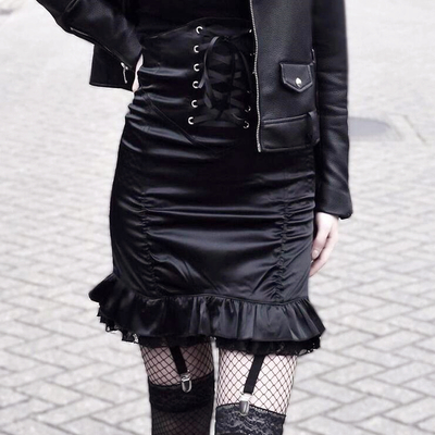 High waist lace pachwork cross ruffle black skirt