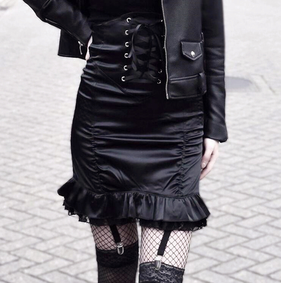 High Waist Lace Pachwork Cross Ruffle Black Skirt