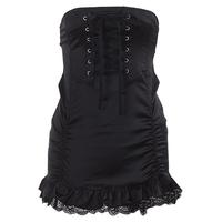 High Waist Lace Pachwork Cross Ruffle Black Skirt - Thumbnail 3