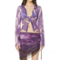 See-through Printed Mesh Blouse Shirt - Thumbnail 1