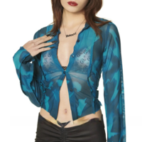 See-through Printed Mesh Blouse Shirt - Thumbnail 4
