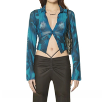 See-through Printed Mesh Blouse Shirt - Thumbnail 5