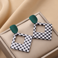 Geometric Square Checkboard Sterling Silver Dangle Earrings - Thumbnail 2