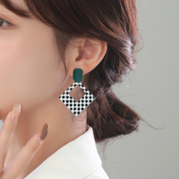 Geometric Square Checkboard Sterling Silver Dangle Earrings - Thumbnail 3