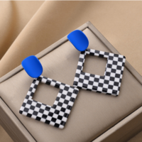 Geometric Square Checkboard Sterling Silver Dangle Earrings - Thumbnail 5