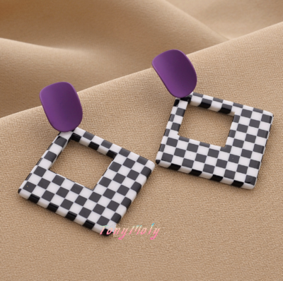 Geometric Square Checkboard Sterling Silver Dangle Earrings
