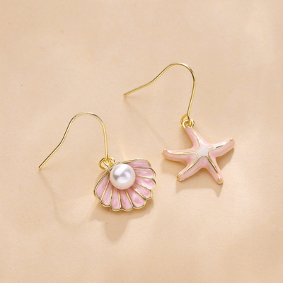 Sea star shell pearl dangle earrings