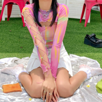 Colorful Printed See-through Cut-out Cross Tie Lace Mesh Top - Thumbnail 1