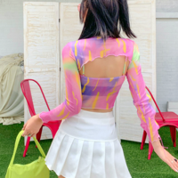 Colorful Printed See-through Cut-out Cross Tie Lace Mesh Top - Thumbnail 3