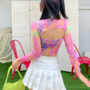 Colorful Printed See-through Cut-out Cross Tie Lace Mesh Top-3