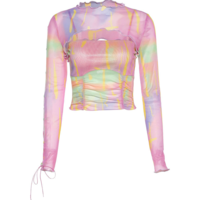 Colorful Printed See-through Cut-out Cross Tie Lace Mesh Top - Thumbnail 5