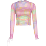 Colorful Printed See-through Cut-out Cross Tie Lace Mesh Top-1
