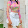 Colorful Printed See-through Cut-out Cross Tie Lace Mesh Top-4