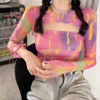 Colorful Printed See-through Cut-out Cross Tie Lace Mesh Top - Thumbnail 6