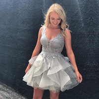 SP2161,Grey lace homecoming dresess,tulle mini graduation dress - Thumbnail 1