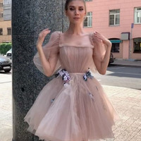 SP2162,Dusty pink tulle homecoming dresses with puffy bubble sleeves - Thumbnail 1