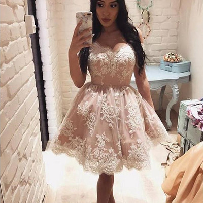 Sp2164,light pink lace homecoming prom dresses,short evening party dress,lace cocktail dresses - Thumbnail 1
