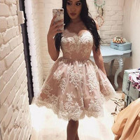 SP2164,Light pink lace homecoming prom dresses,short evening party dress,lace cocktail dresses - Thumbnail 1