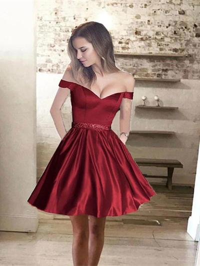 SP2165,Off the shoulder homecoming dresses,satin beaded graduation dress