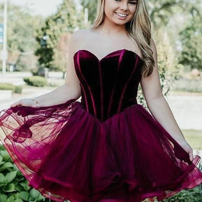 Sp2166,sexy sweetheart burgundy homecoming dress,velvet top organza graduation dresses
