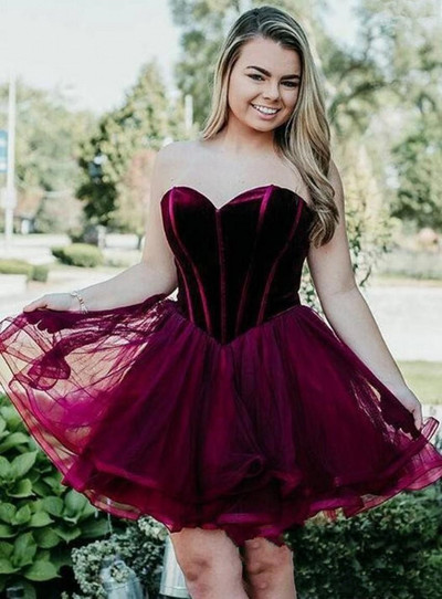 SP2166,Sexy Sweetheart Burgundy Homecoming Dress,Velvet Top Organza Graduation Dresses
