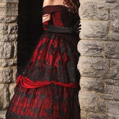 Red and black lace wedding dresses vintage two layers skirt off the shoulder rhinestones princess wedding dress vestidos de novia，411