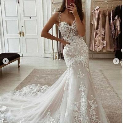 Mermaid wedding dress spaghetti straps appliques bridal gowns wedding gown，869 - Thumbnail 3