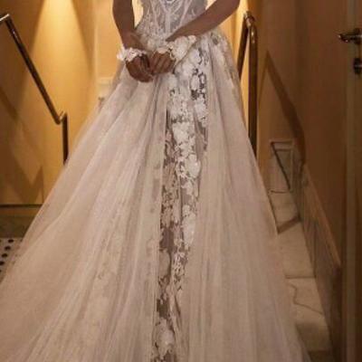 Off the shoulder strapless sweetheart applique lace long sleeves long wedding dress，871