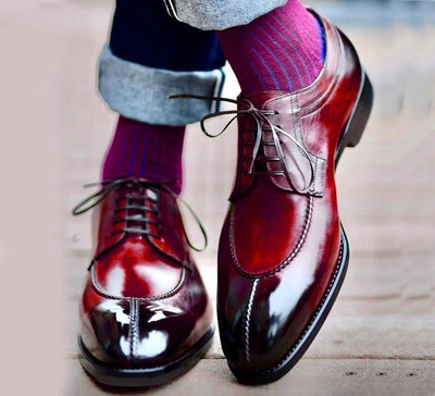 Handmade Mens Burgundy Dress Shoes, Alligant Split Toe Derby Shoes