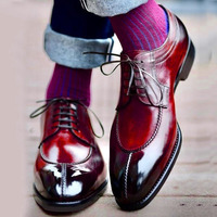 Handmade Mens Burgundy Dress Shoes, Alligant Split Toe Derby Shoes - Thumbnail 1