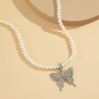 Crystal Butterfly Pendant Pearl Necklace Choker - Thumbnail 1