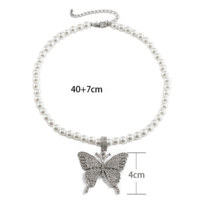 Crystal Butterfly Pendant Pearl Necklace Choker - Thumbnail 3